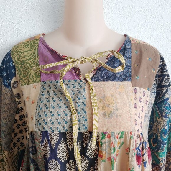 Made from the Earth Patchwork Peasant Boho Long Sleeve Top MEDIUM Hippie Bohemia - Picture 7 of 7